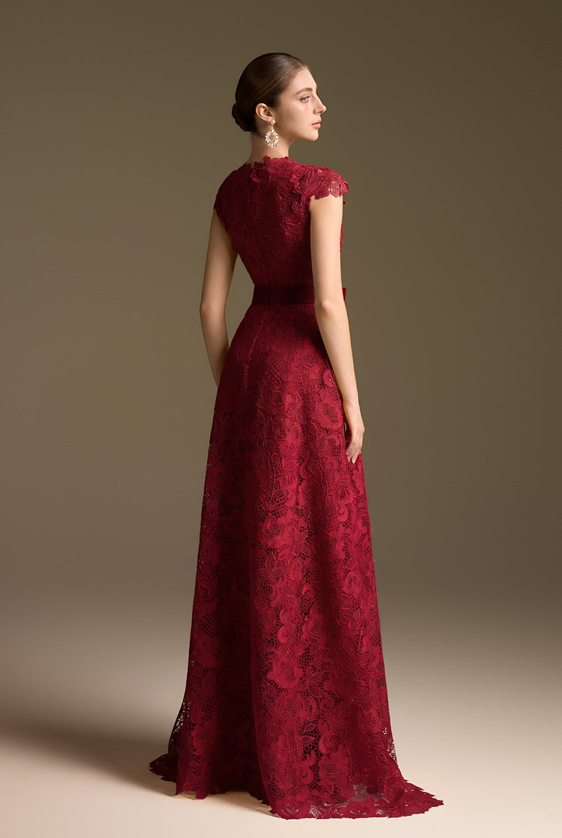 V-Neck Sleeveless A-Line Gown In Red Guipure Lace