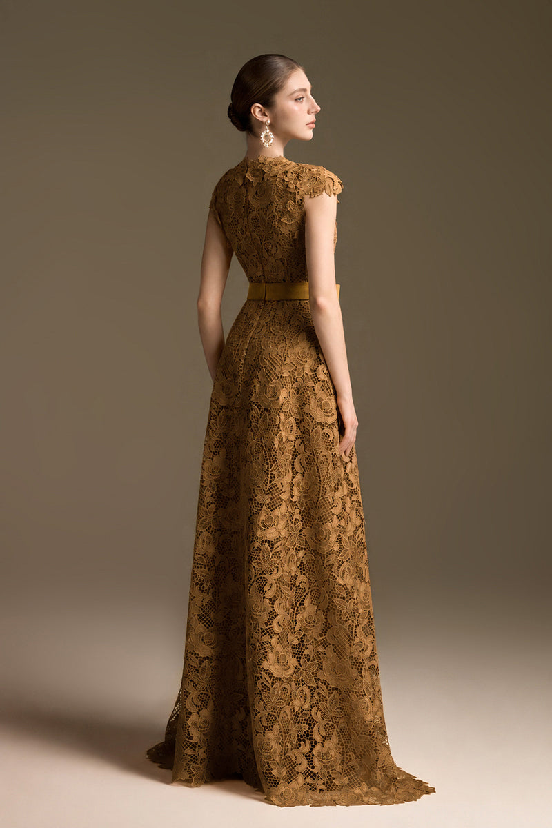 V-Neck Sleeveless A-Line Gown In Dark Gold Guipure Lace