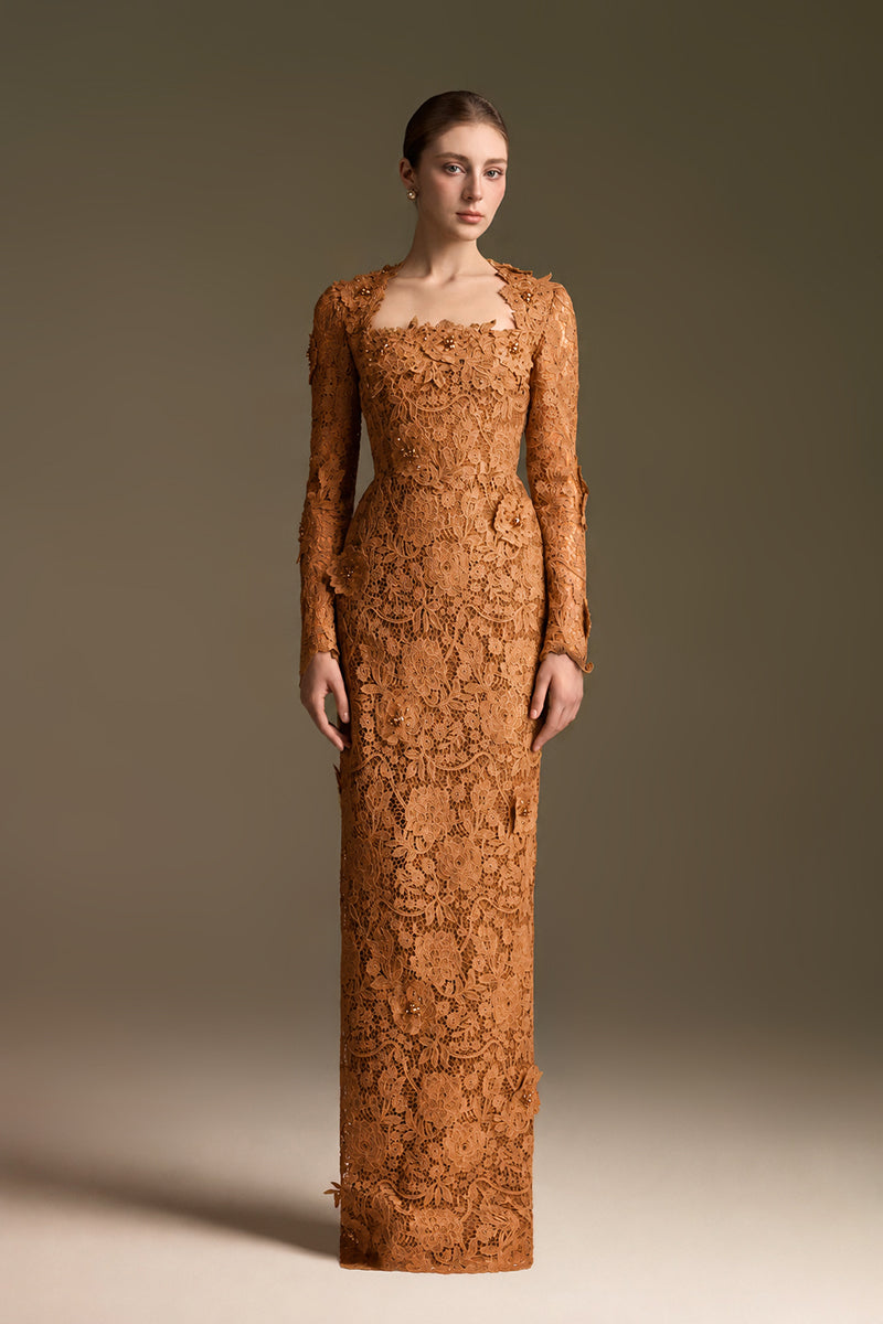 Trapeze Neck Column Gown With Long Sleeves In Guipure Lace