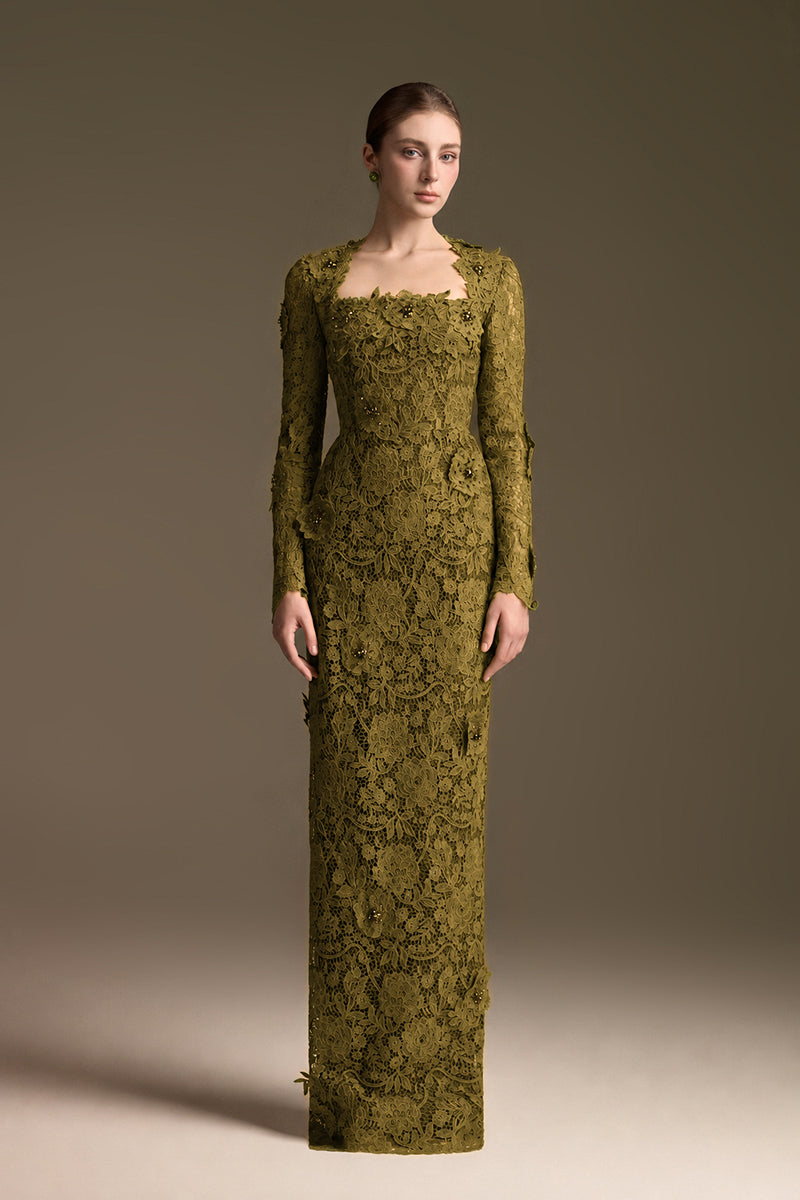 Trapeze Neck Column Gown With Long Sleeves In Guipure Lace