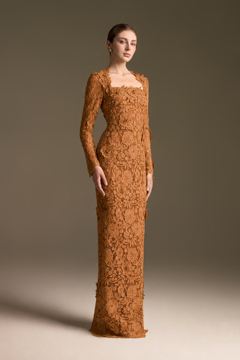 Trapeze Neck Column Gown With Long Sleeves In Guipure Lace