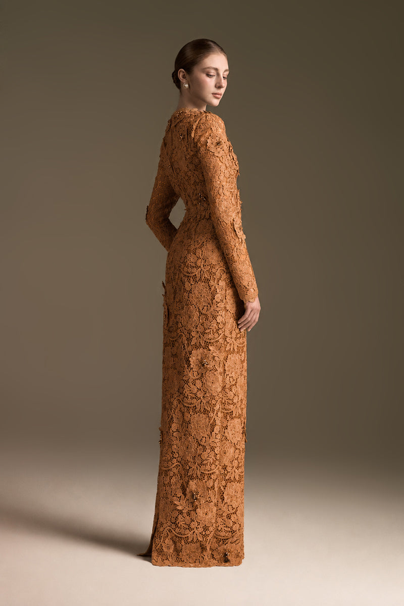 Trapeze Neck Column Gown With Long Sleeves In Guipure Lace