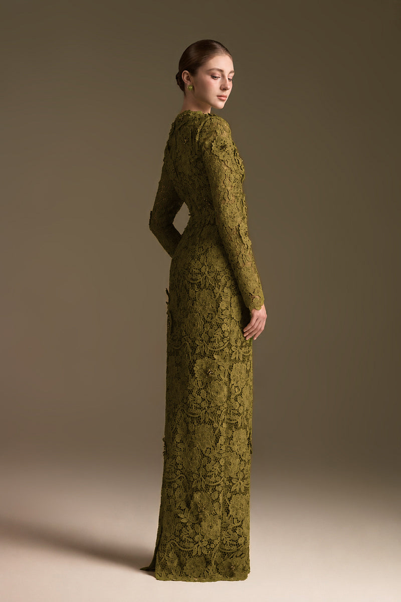 Trapeze Neck Column Gown With Long Sleeves In Guipure Lace