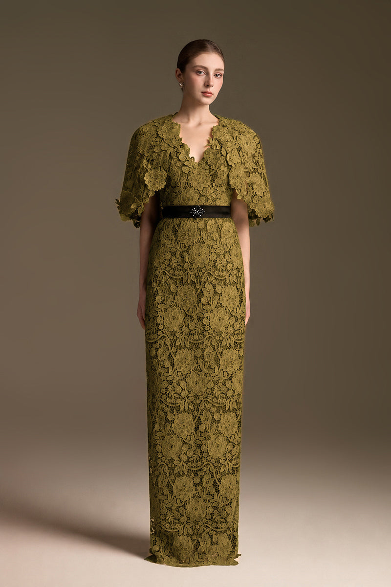 V-Neck Column Gown With Mini Cape Sleeves