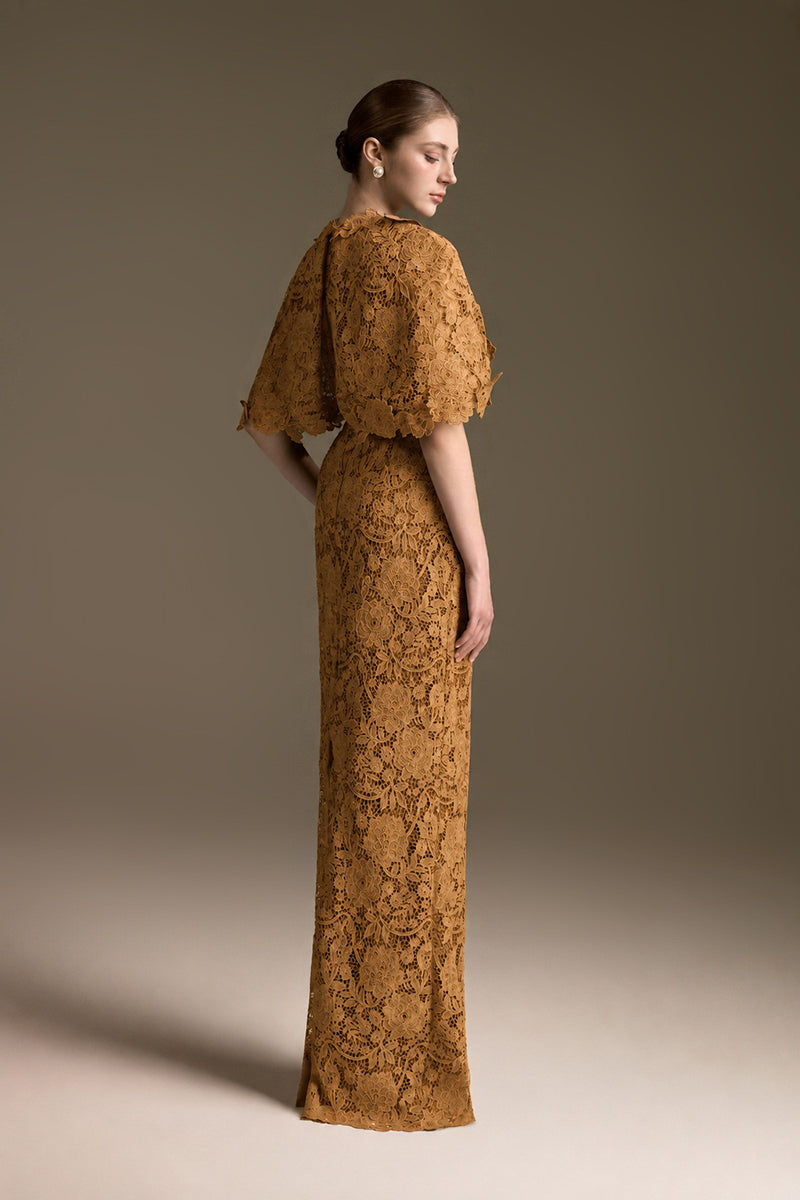 V-Neck Column Gown With Mini Cape Sleeves