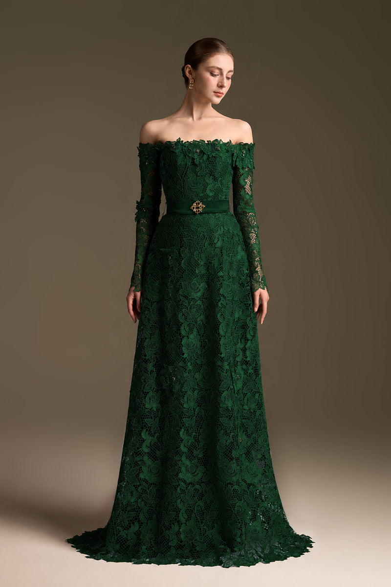 Dark Green Long Sleeves Off-Shoulder A-Line Gown
