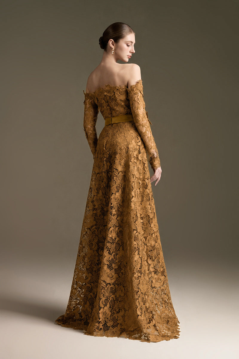Gold Long Sleeves Off-Shoulder A-Line Gown