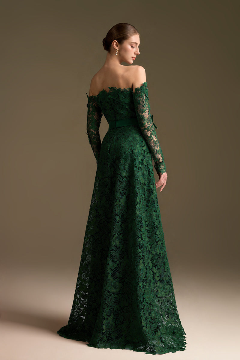 Dark Green Long Sleeves Off-Shoulder A-Line Gown