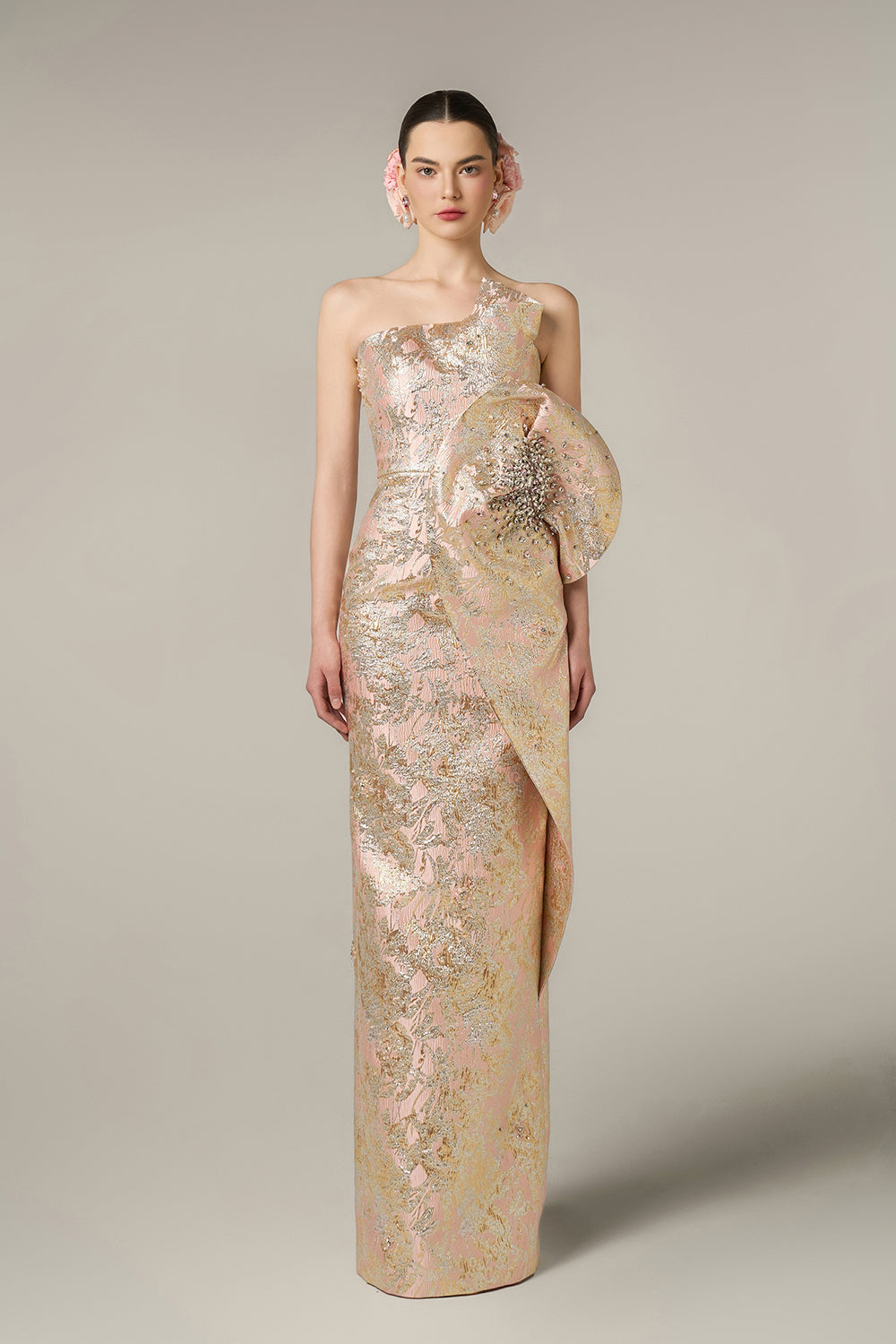 Dipped Dress With Waist Drapped Detail In Jacquard