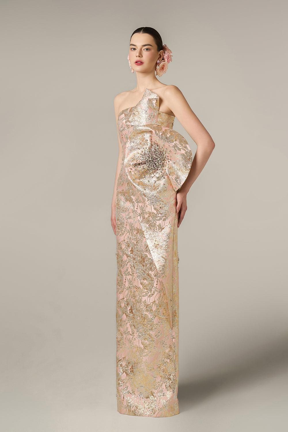 Dipped Dress With Waist Drapped Detail In Jacquard