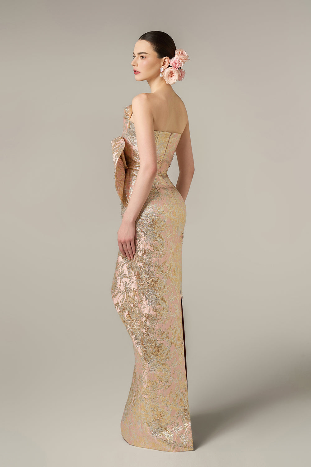 Dipped Dress With Waist Drapped Detail In Jacquard