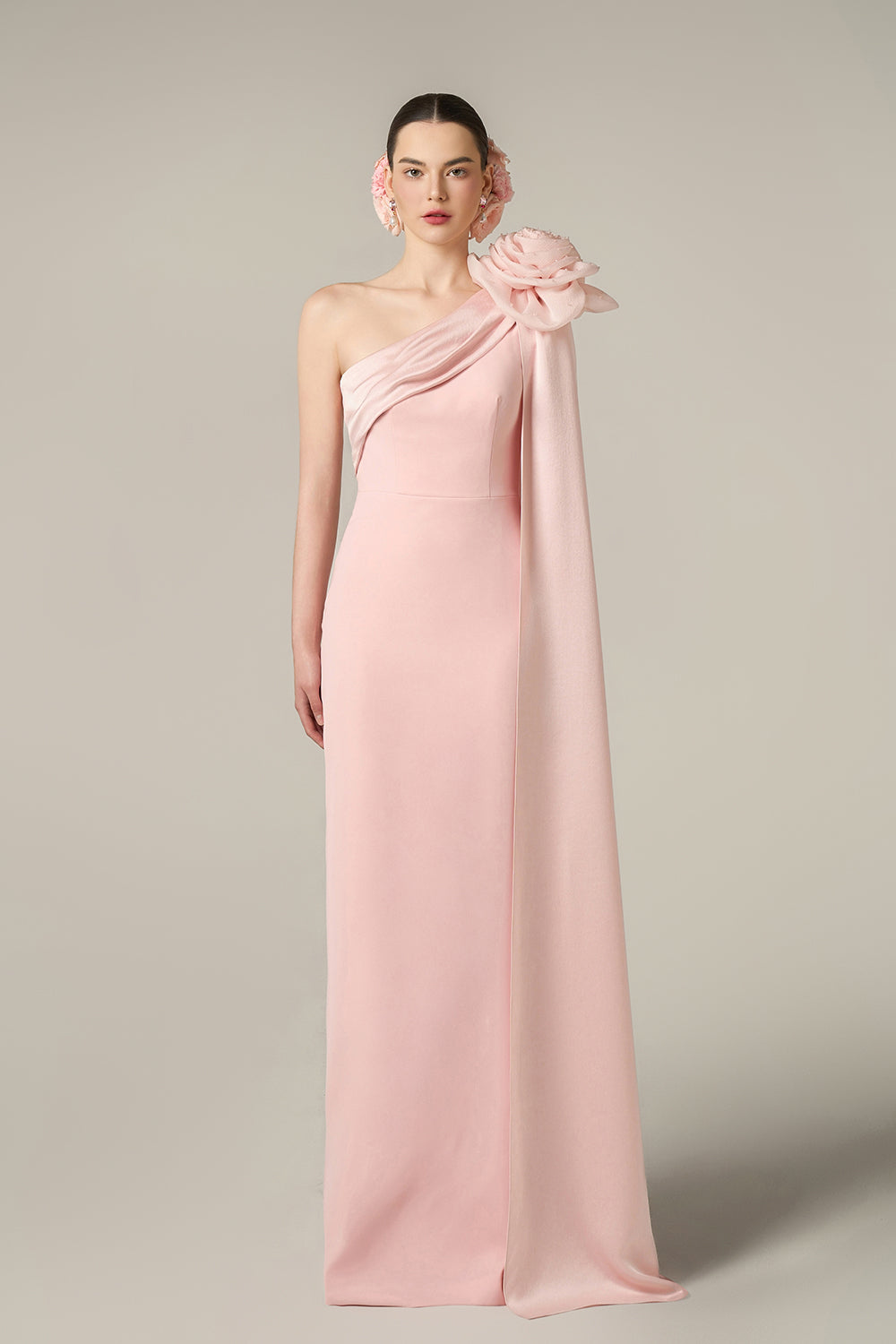One Shoulder Column Gown With Draped Rose
