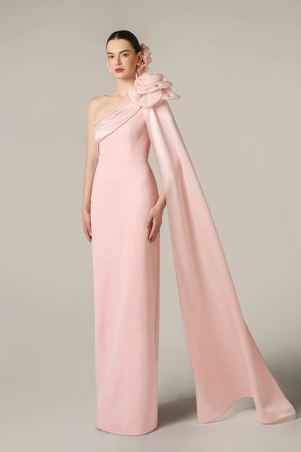 One Shoulder Column Gown With Draped Rose
