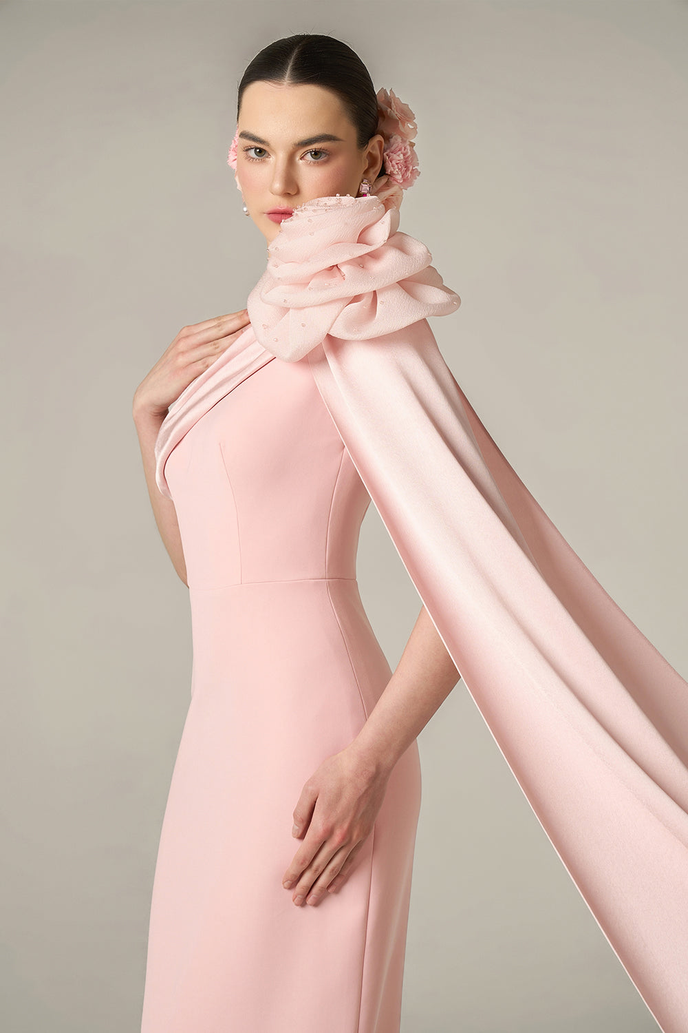 One Shoulder Column Gown With Draped Rose