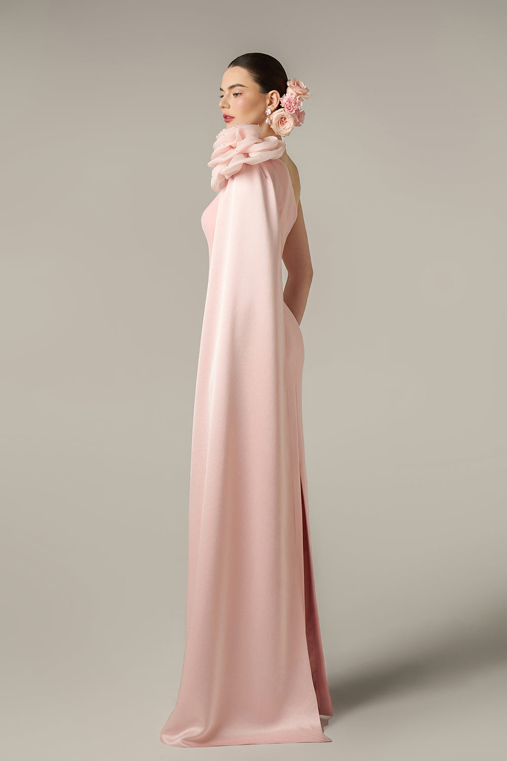 One Shoulder Column Gown With Draped Rose