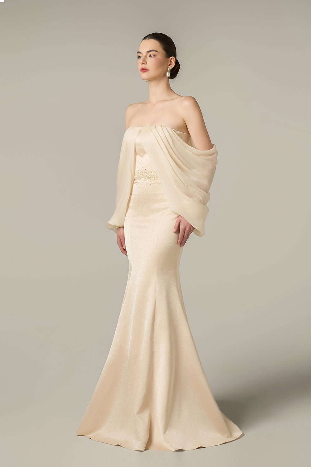 Burstier Mermaid Gown With Off-Shoulder Bishop Sleeves