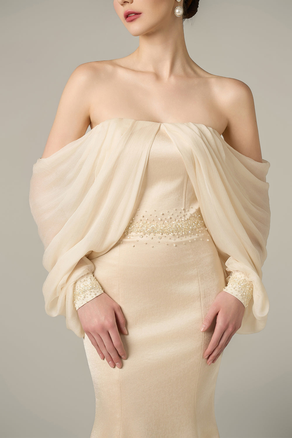 Burstier Mermaid Gown With Off-Shoulder Bishop Sleeves