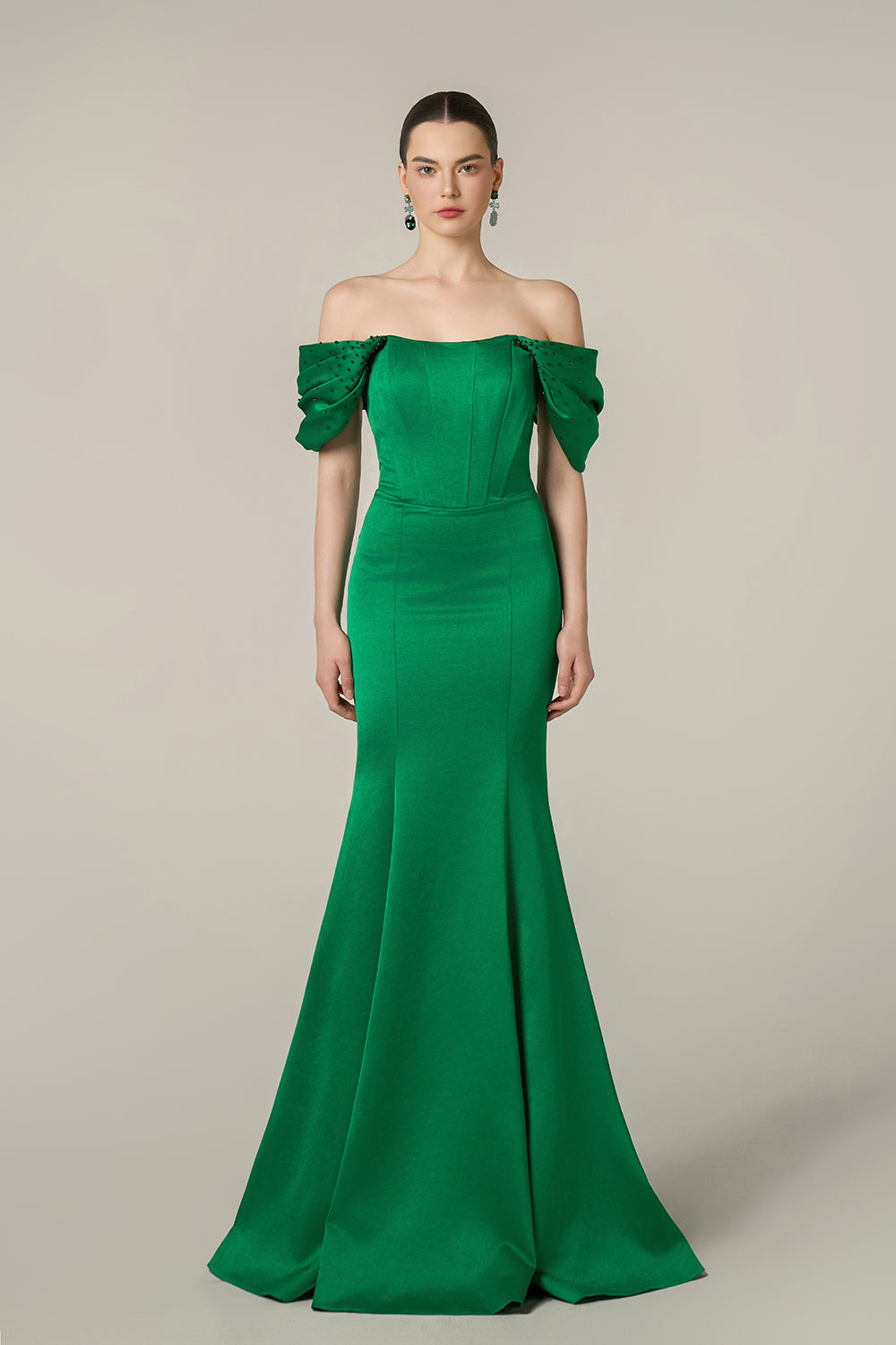 Burstier Mermaid Gown With Off-Shoulder Draped Sleeves