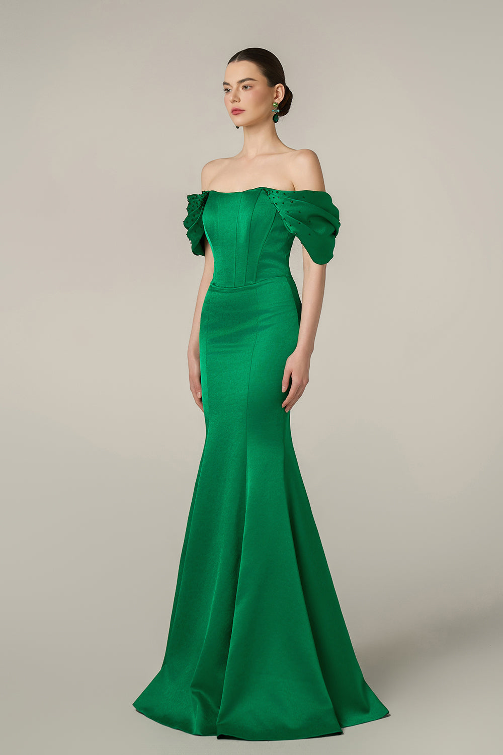 Burstier Mermaid Gown With Off-Shoulder Draped Sleeves