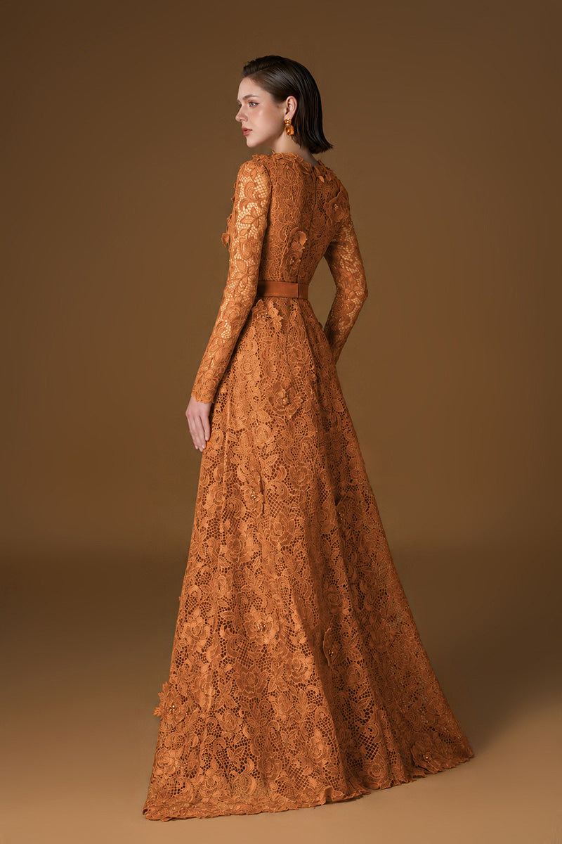 Trapeze Neck A-line Gown With Long Sleeves In Orange Guipure Lace