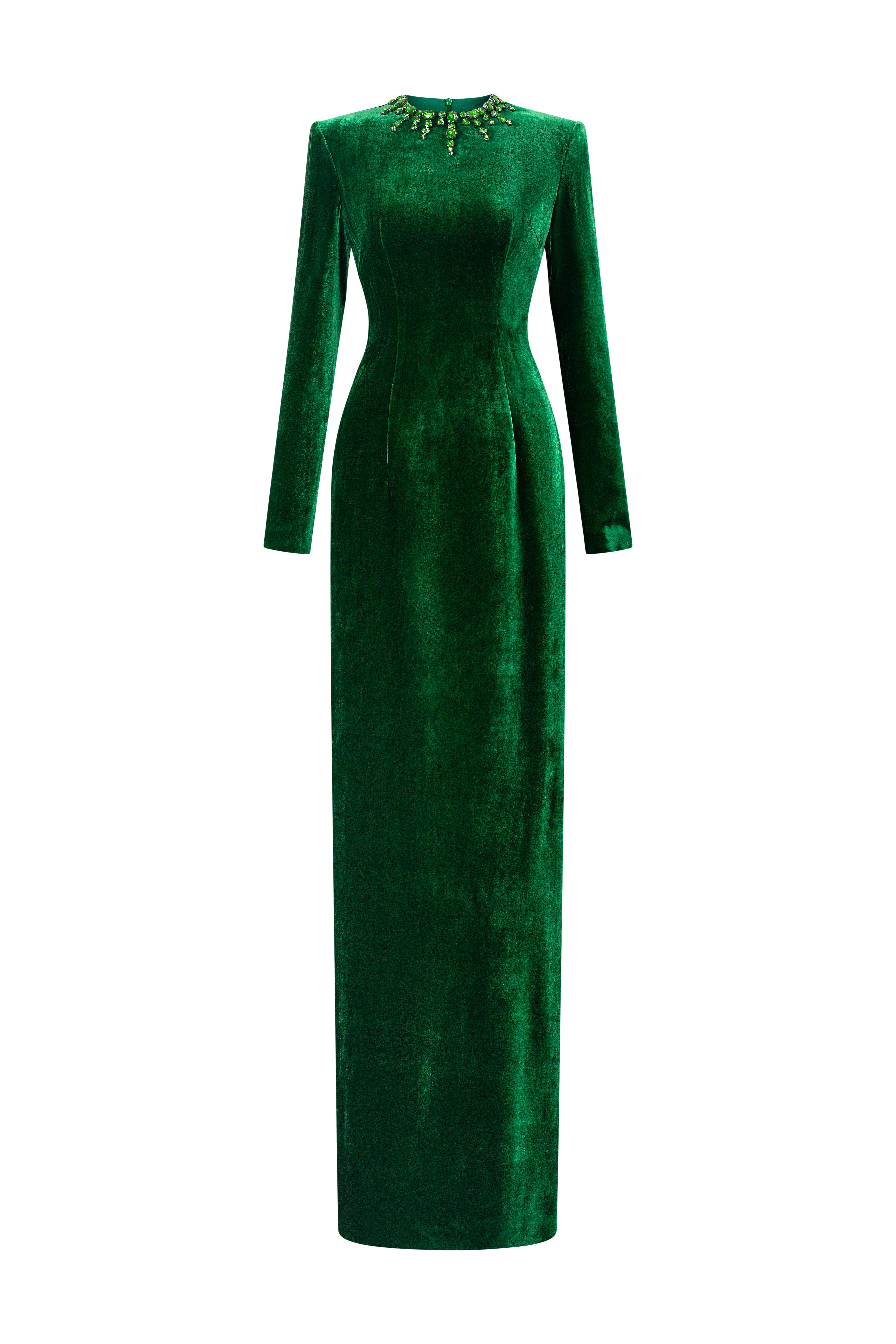 Round Neck Column Velvet Gown With Long Sleeves