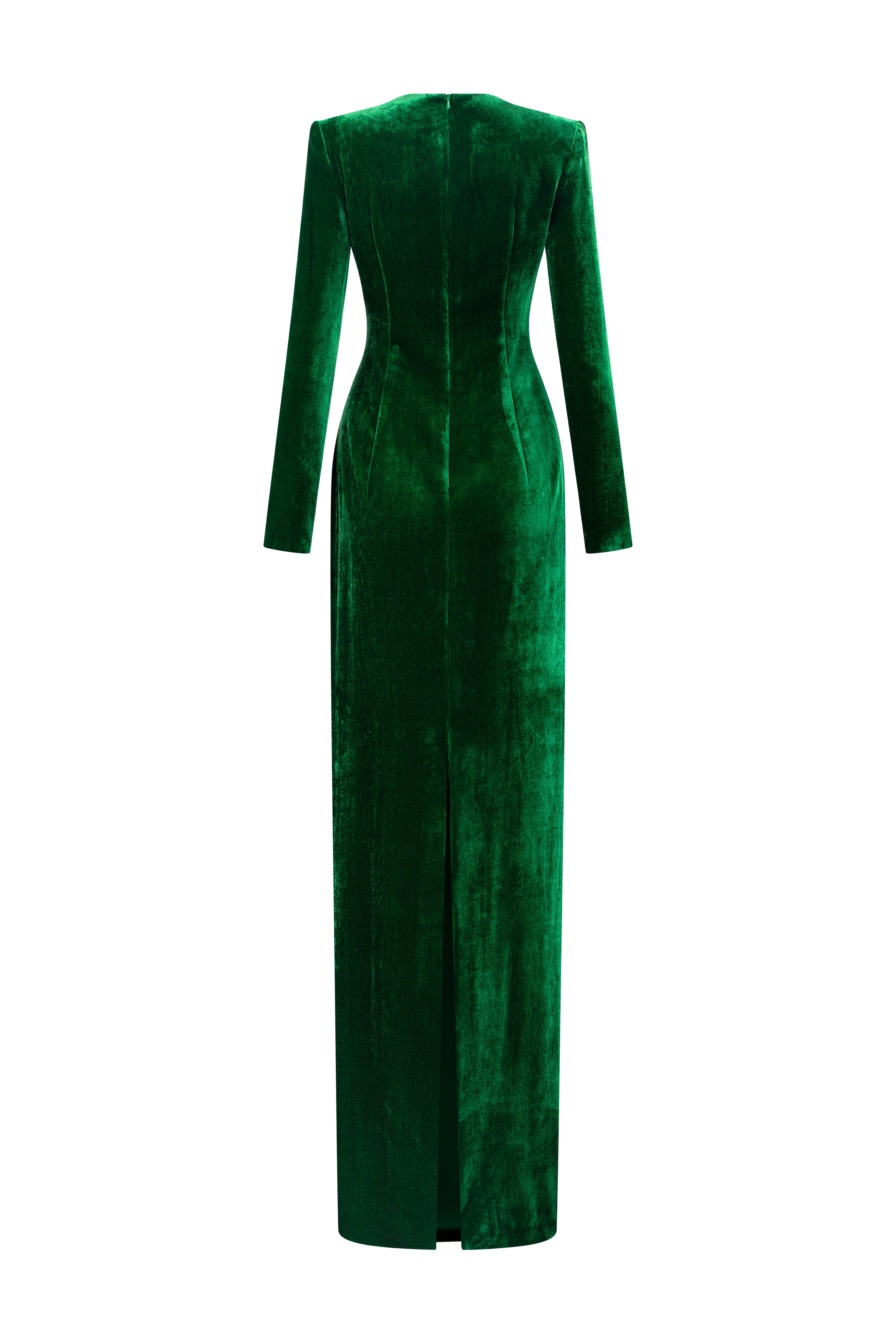 Round Neck Column Velvet Gown With Long Sleeves