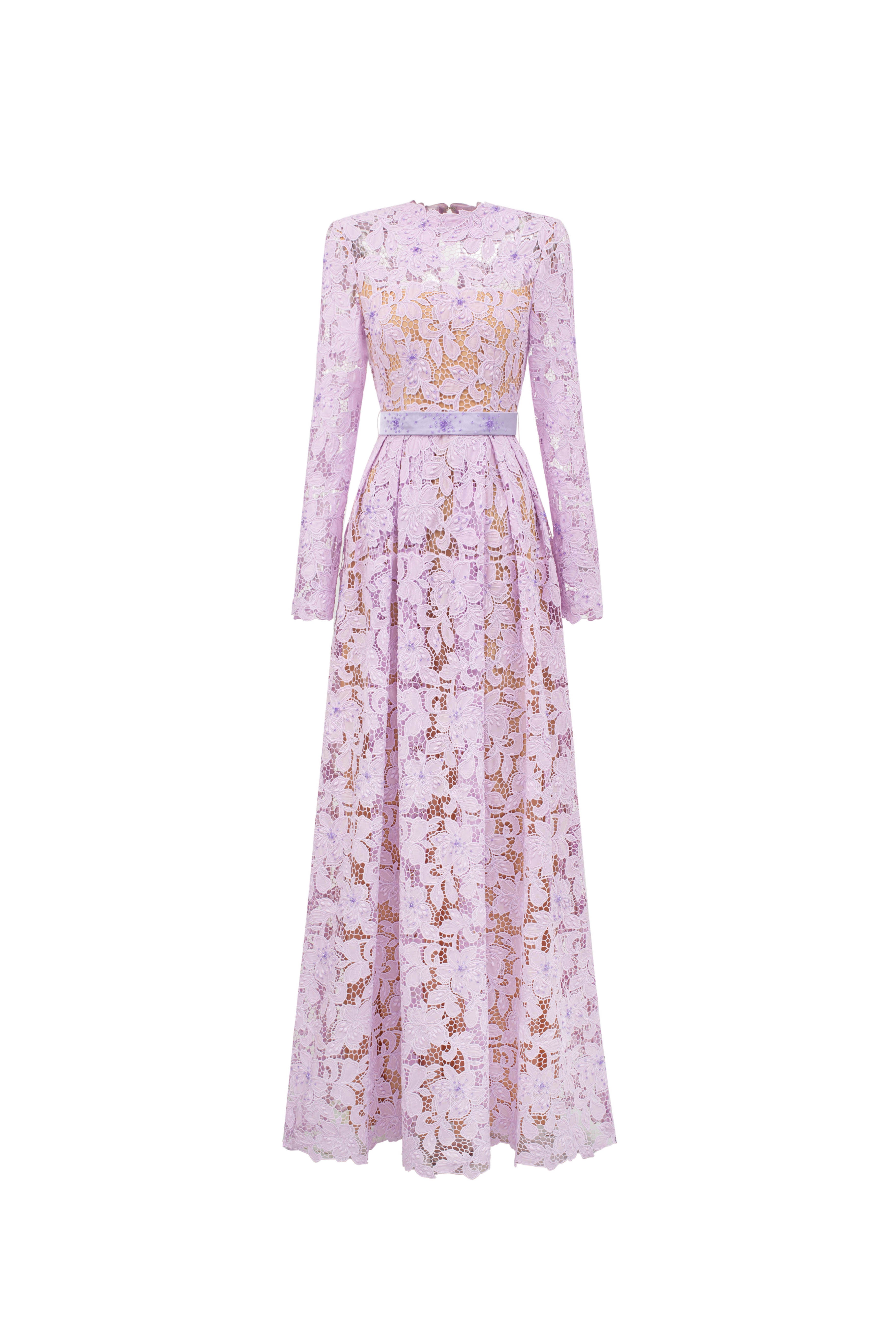 A-Line Round Neck Gown With Long Sleeves In Light Purple Tulip Guipure Lace