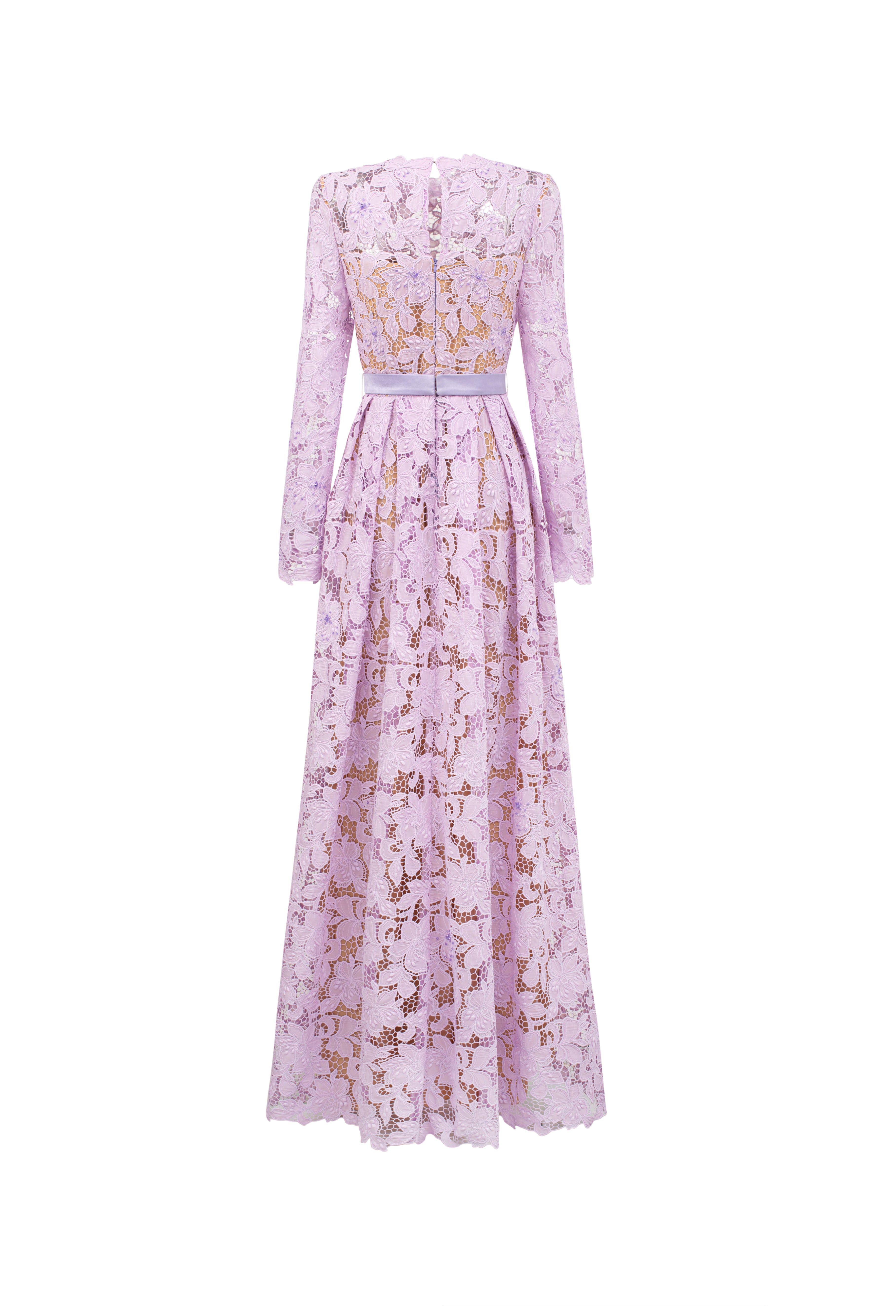 A-Line Round Neck Gown With Long Sleeves In Light Purple Tulip Guipure Lace