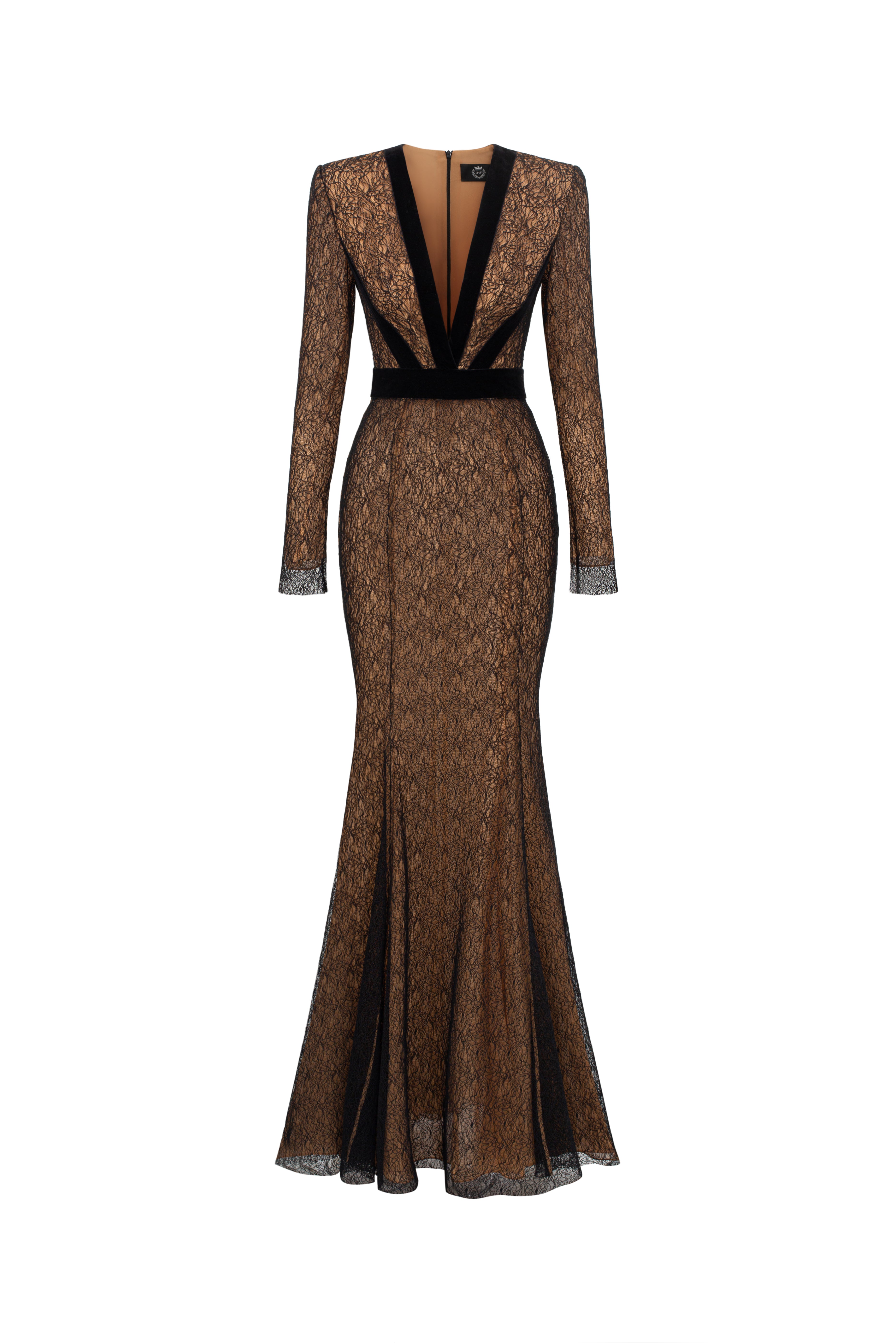 V-Neck Mermaid Gown With Long Sleeve In Black Lace