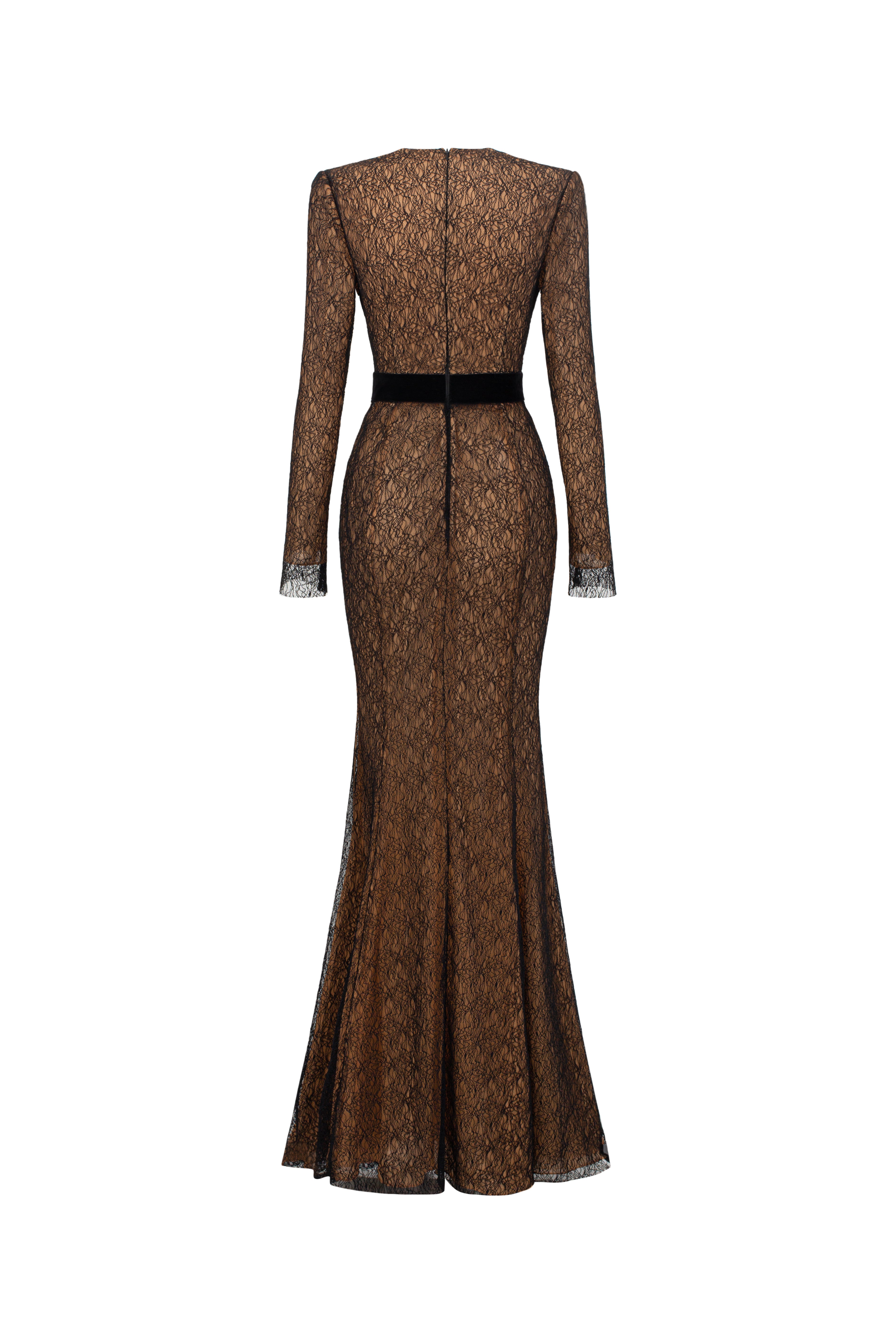 V-Neck Mermaid Gown With Long Sleeve In Black Lace