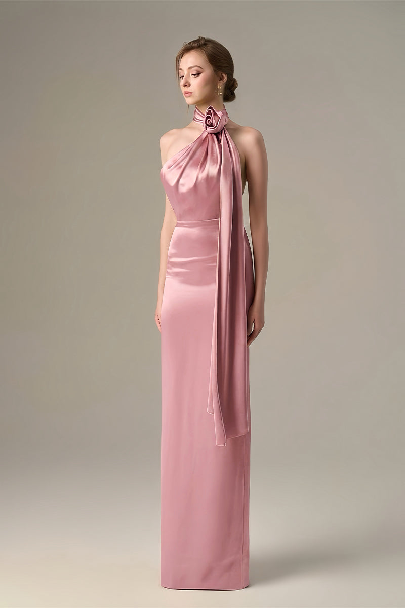 Pink Satin Silk Halter Dress With Cross Detail And Pleated Drape