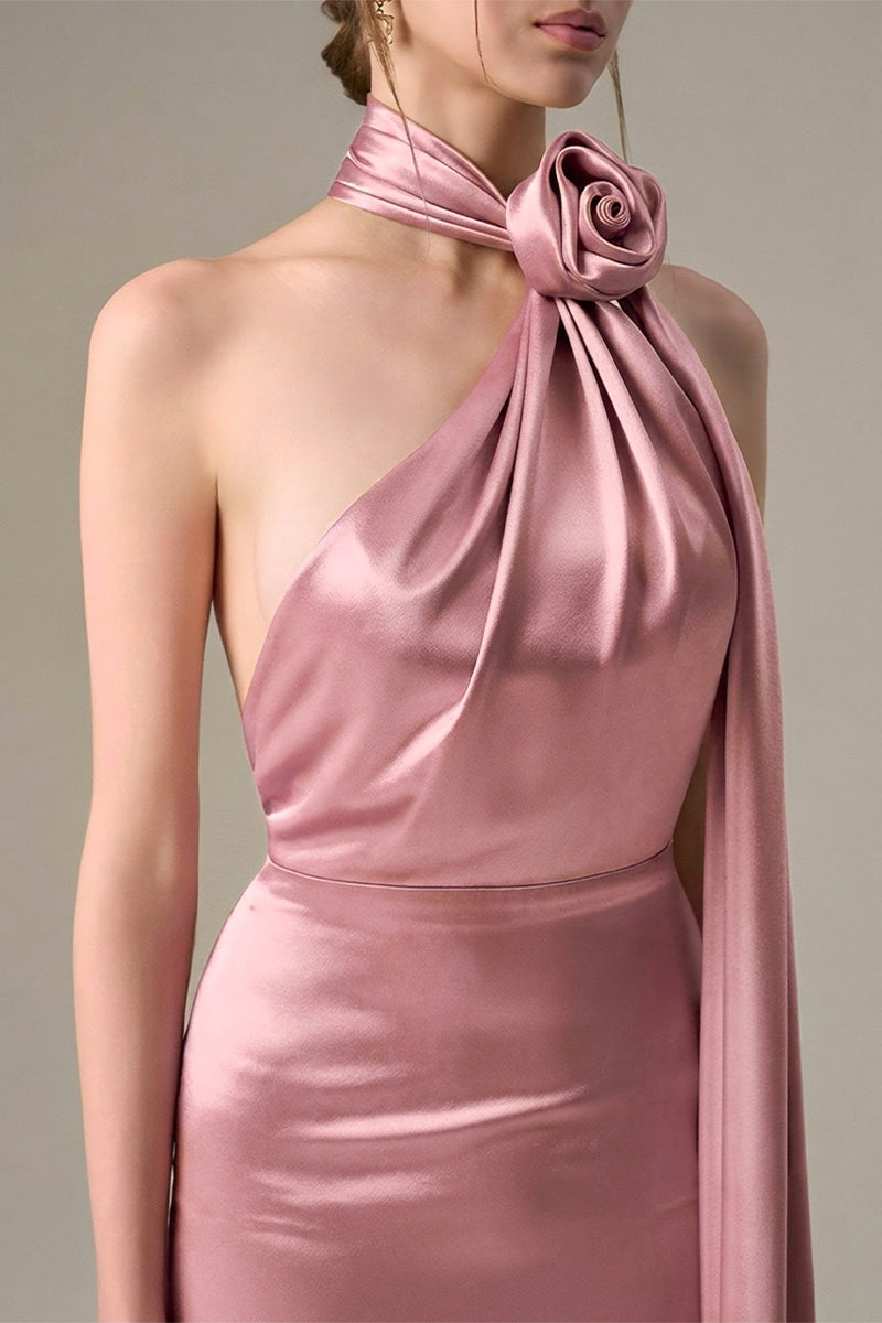 Pink Satin Silk Halter Dress With Cross Detail And Pleated Drape