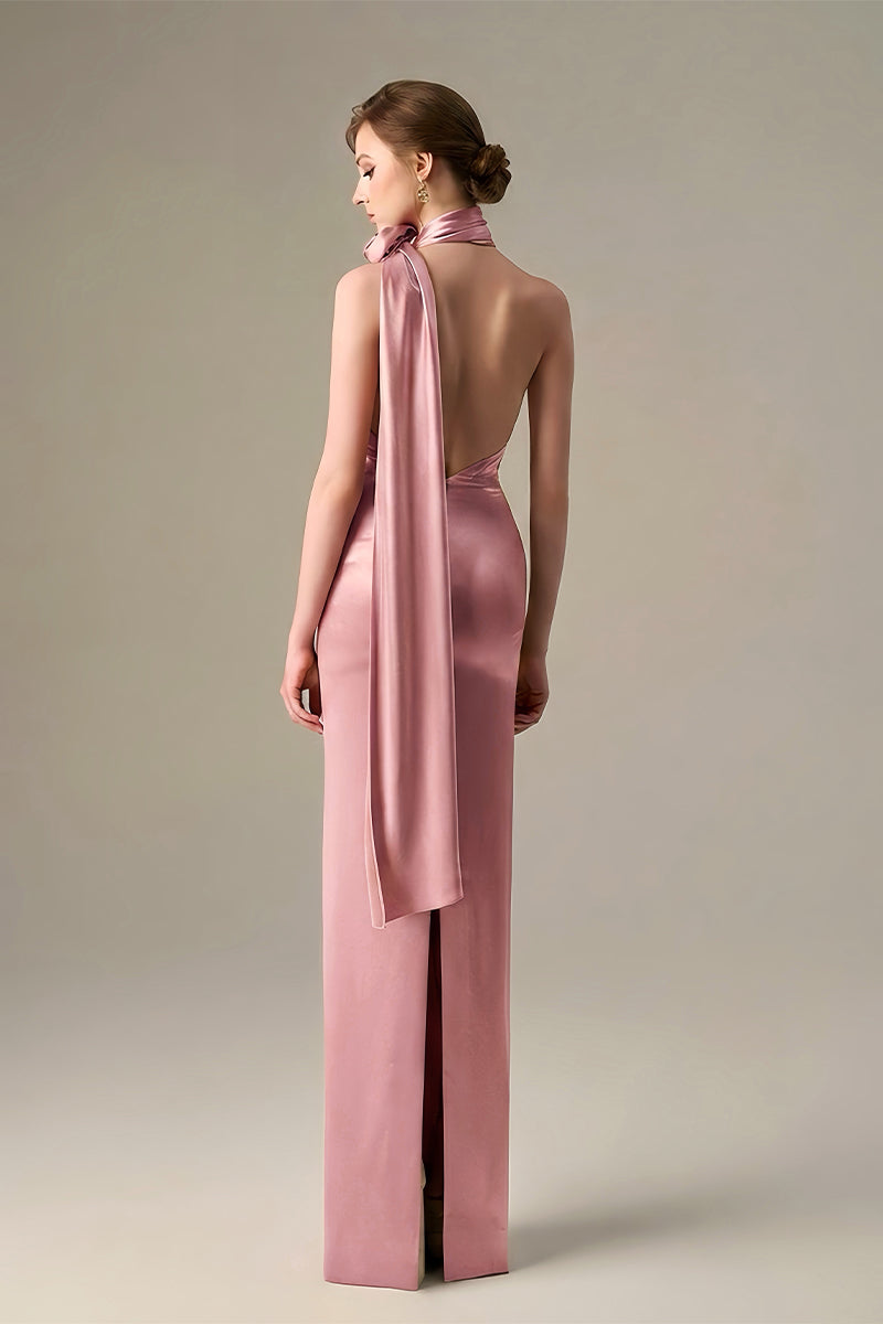 Pink Satin Silk Halter Dress With Cross Detail And Pleated Drape