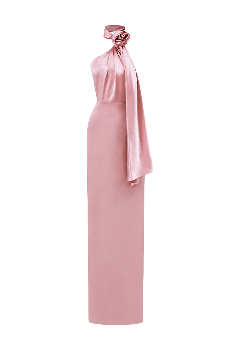 Pink Satin Silk Halter Dress With Cross Detail And Pleated Drape