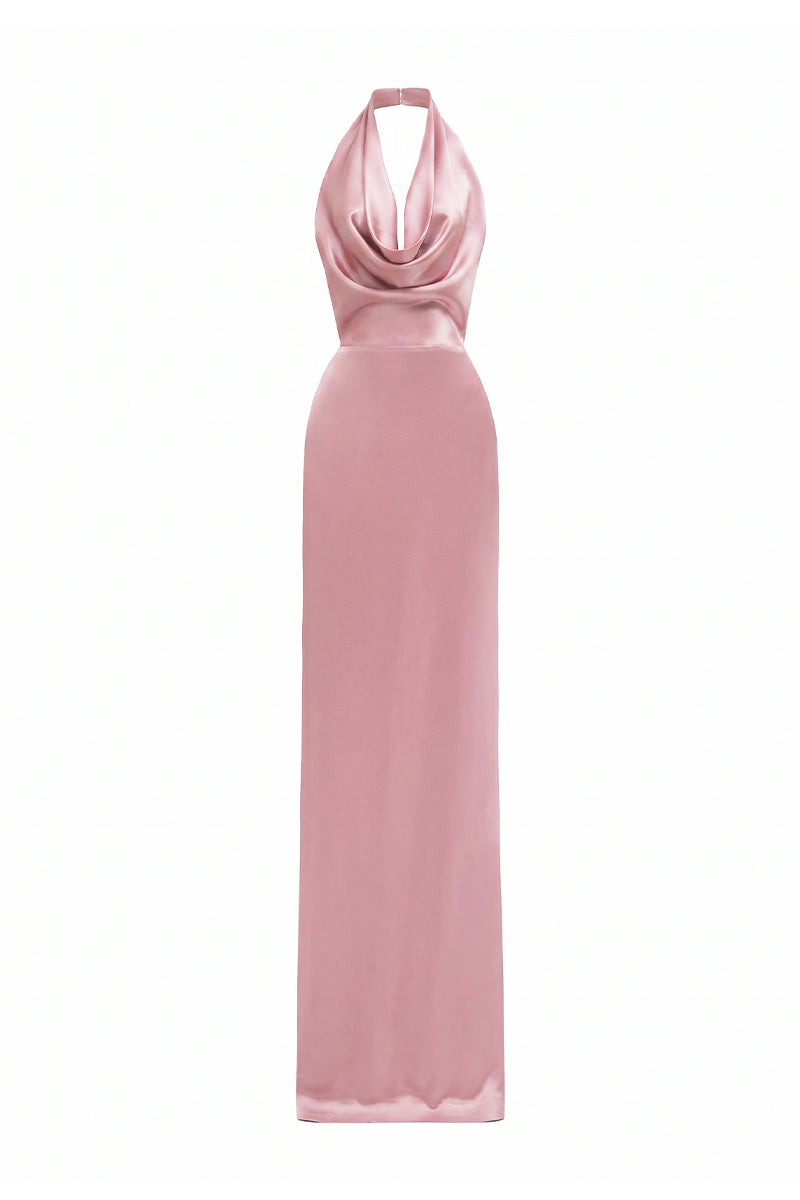 Pink Satin Silk Halter Dress With Pleated Detailing