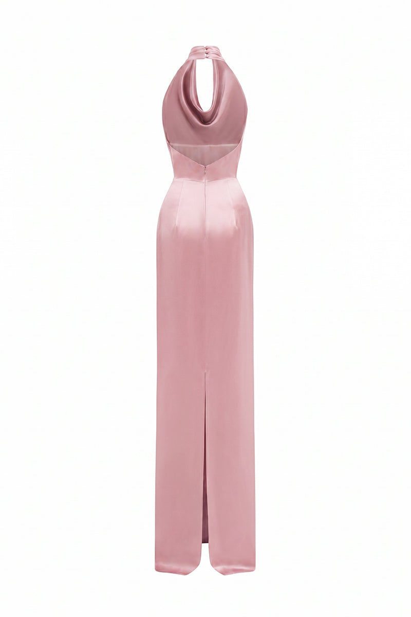 Pink Satin Silk Halter Dress With Pleated Detailing