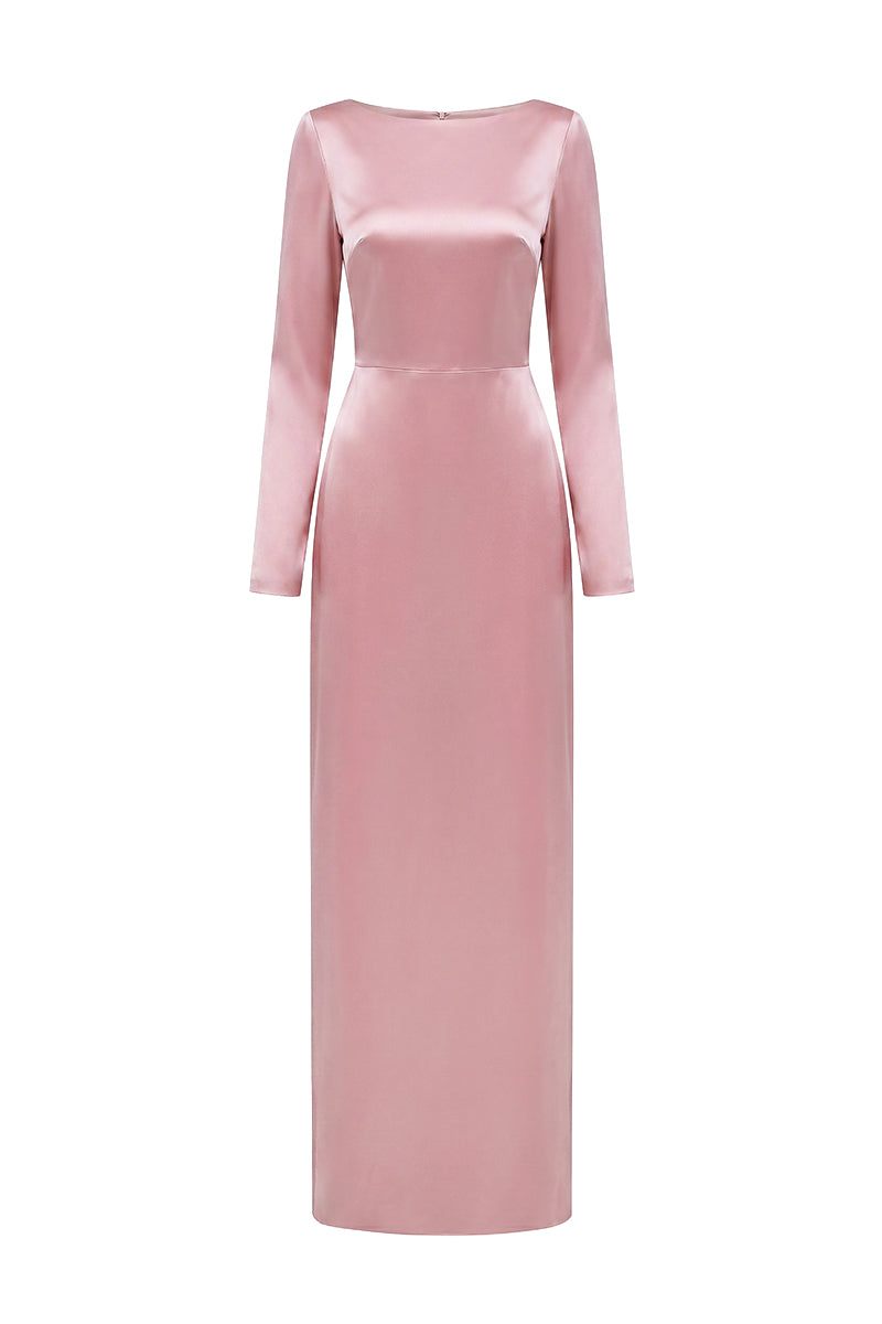 Light Pink Long-Sleeve Satin Silk Dress With A Draped Back Neckline And Tie Detail