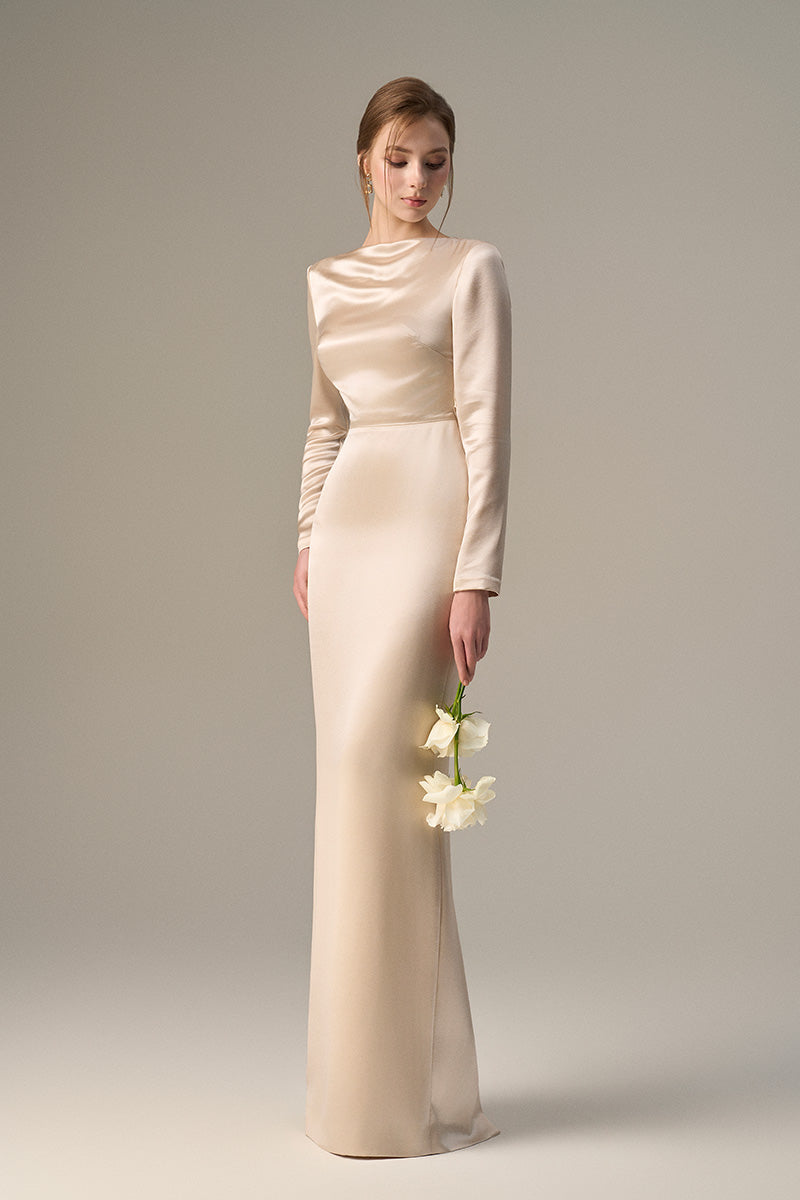 Long-Sleeve Satin Silk Dress With A Draped Back Neckline And Tie Detail