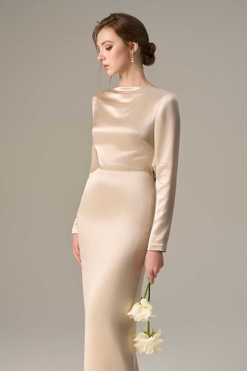 Long-Sleeve Satin Silk Dress With A Draped Back Neckline And Tie Detail