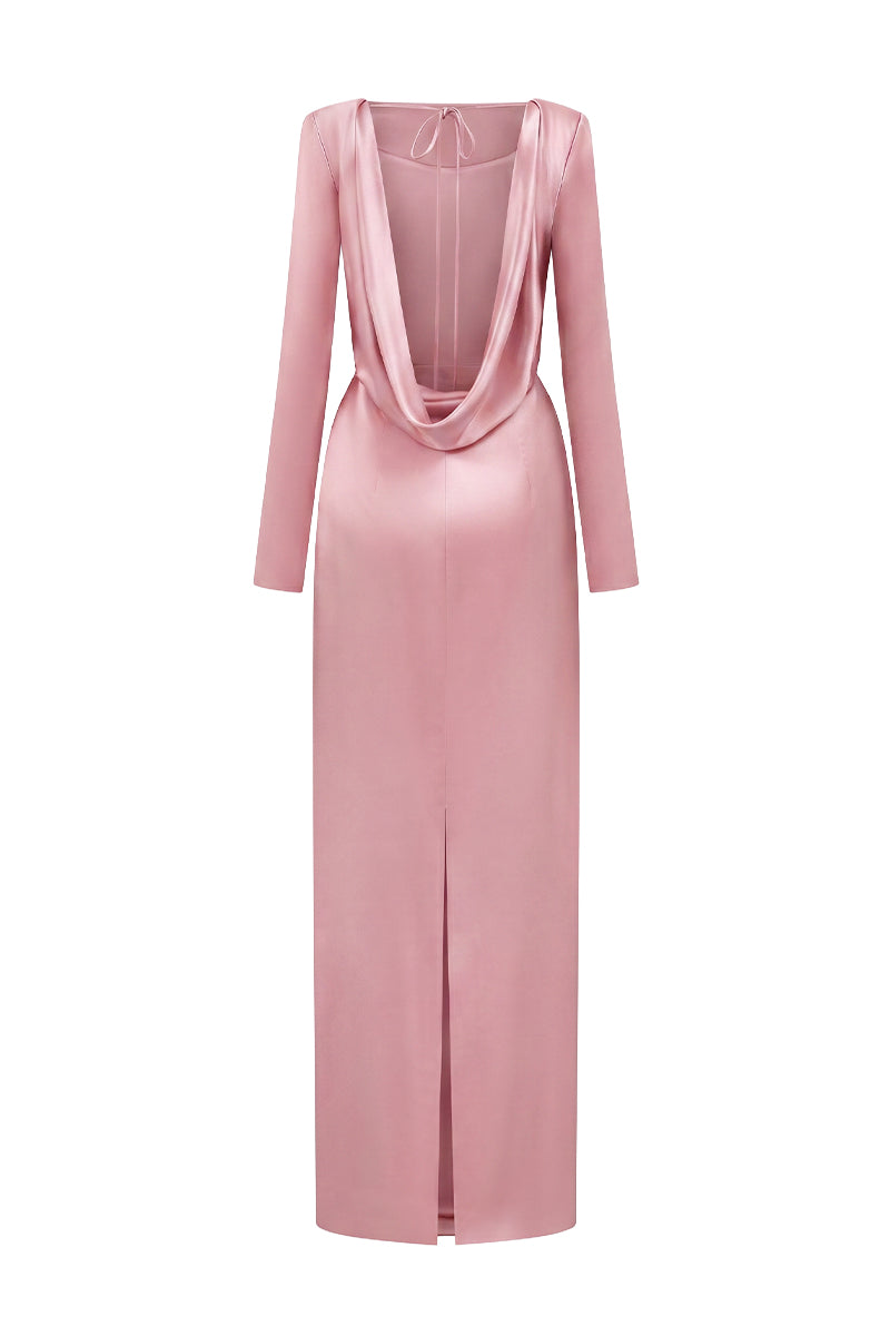 Light Pink Long-Sleeve Satin Silk Dress With A Draped Back Neckline And Tie Detail