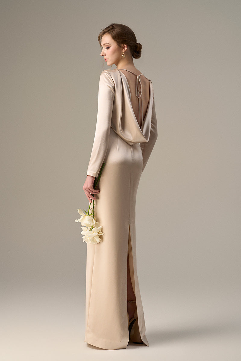 Long-Sleeve Satin Silk Dress With A Draped Back Neckline And Tie Detail