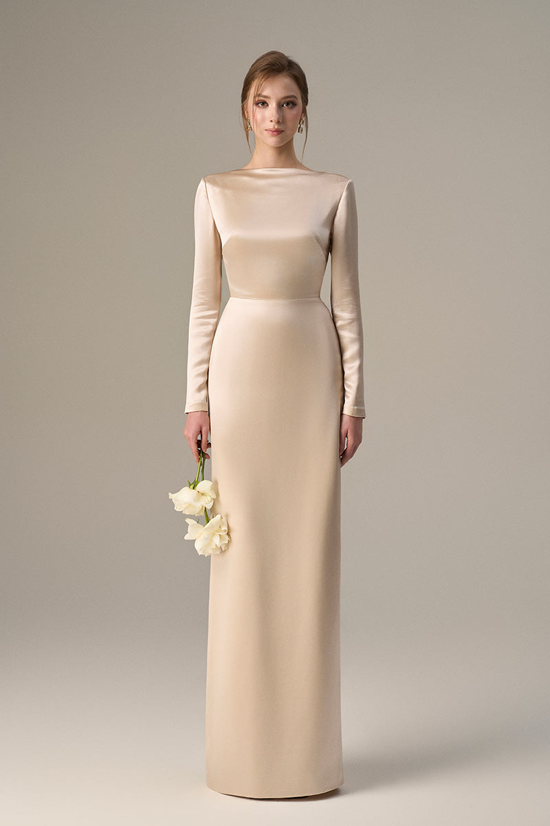 Long-Sleeve Satin Silk Dress With A Draped Back Neckline And Tie Detail