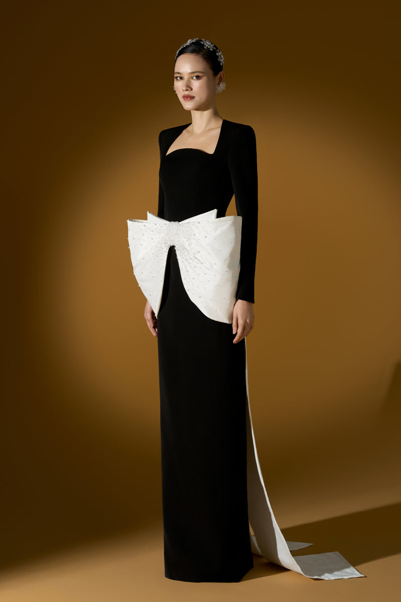 Long Sleeves Column Gown With Trapeze Neckline And Waist Bow