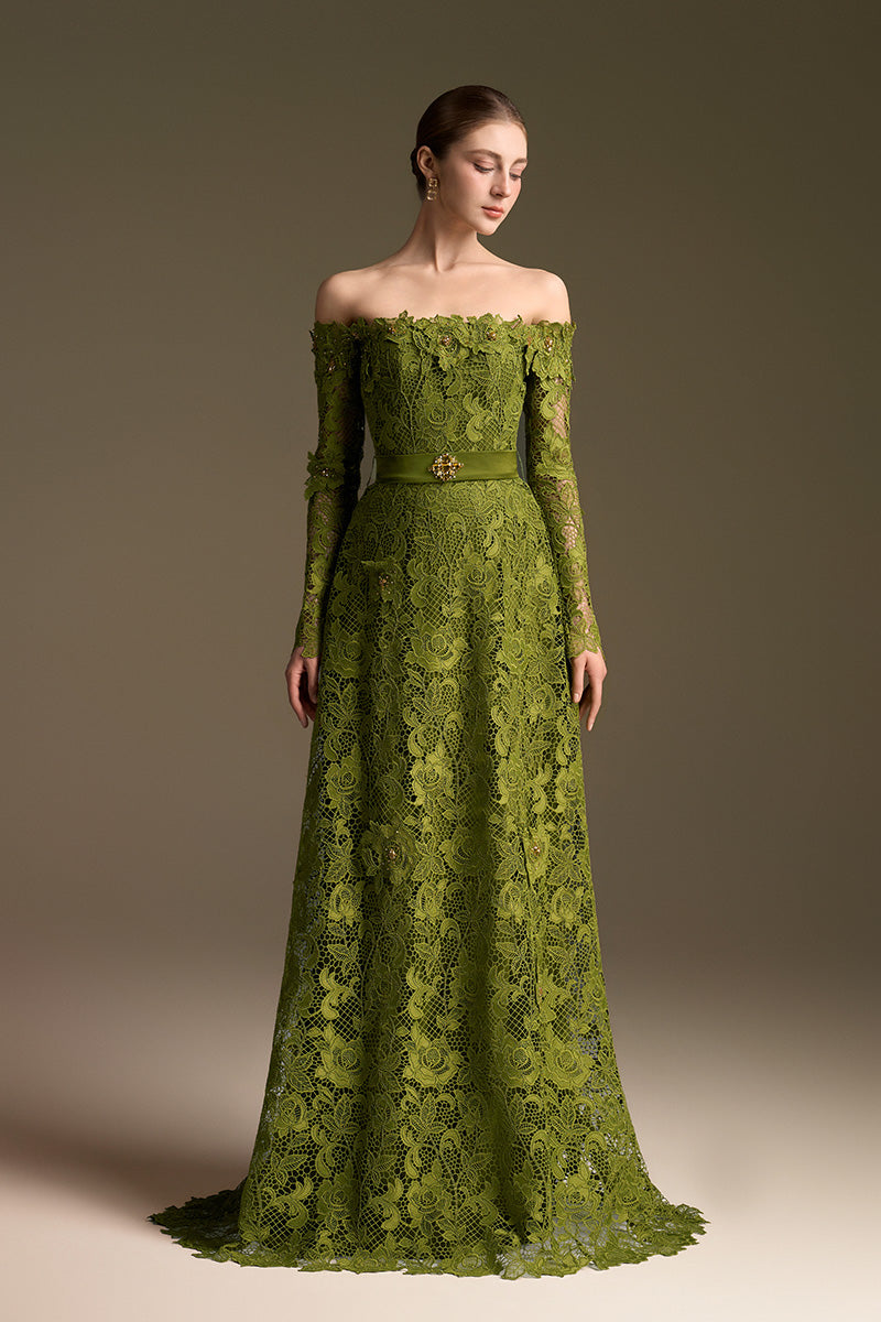 olive off the shoulder dress Long Sleeves Off-Shoulder A-Line Gown 16.5 32/33 Eden One Shoulder Tie Sunkiss Frill Mini Strapless Option:Large