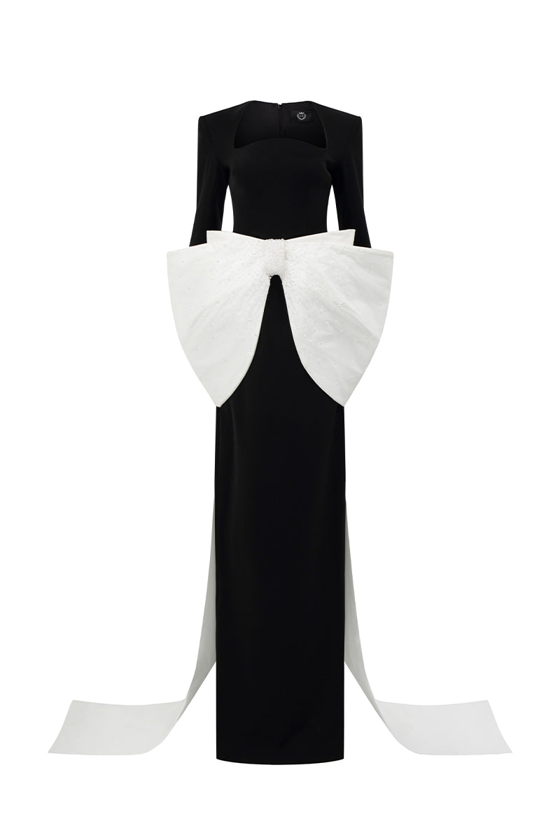 Long Sleeves Column Gown With Trapeze Neckline And Waist Bow