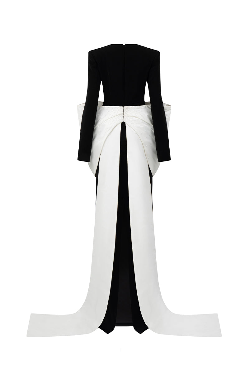 Long Sleeves Column Gown With Trapeze Neckline And Waist Bow