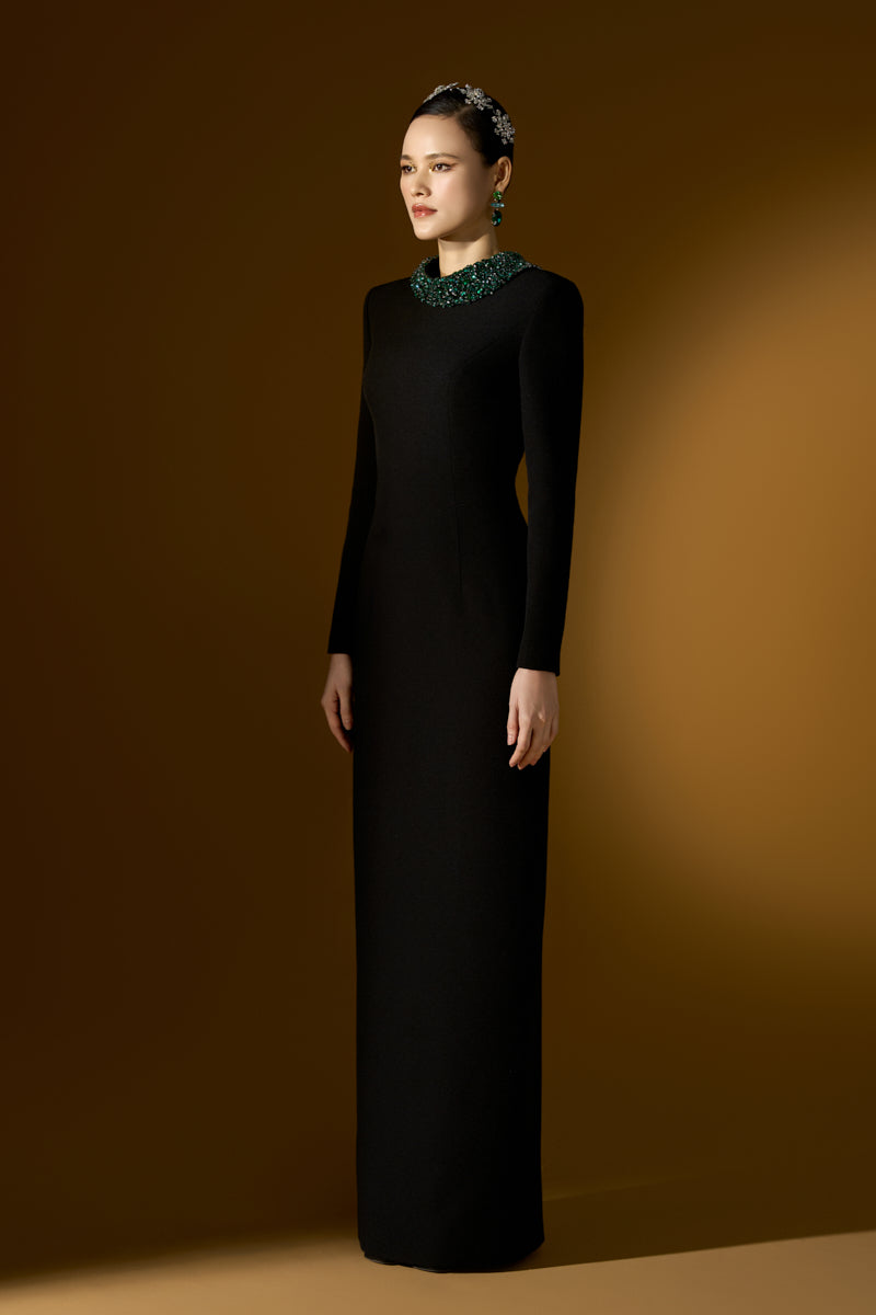 Long Sleeves Column Gown With De-constructed Collar