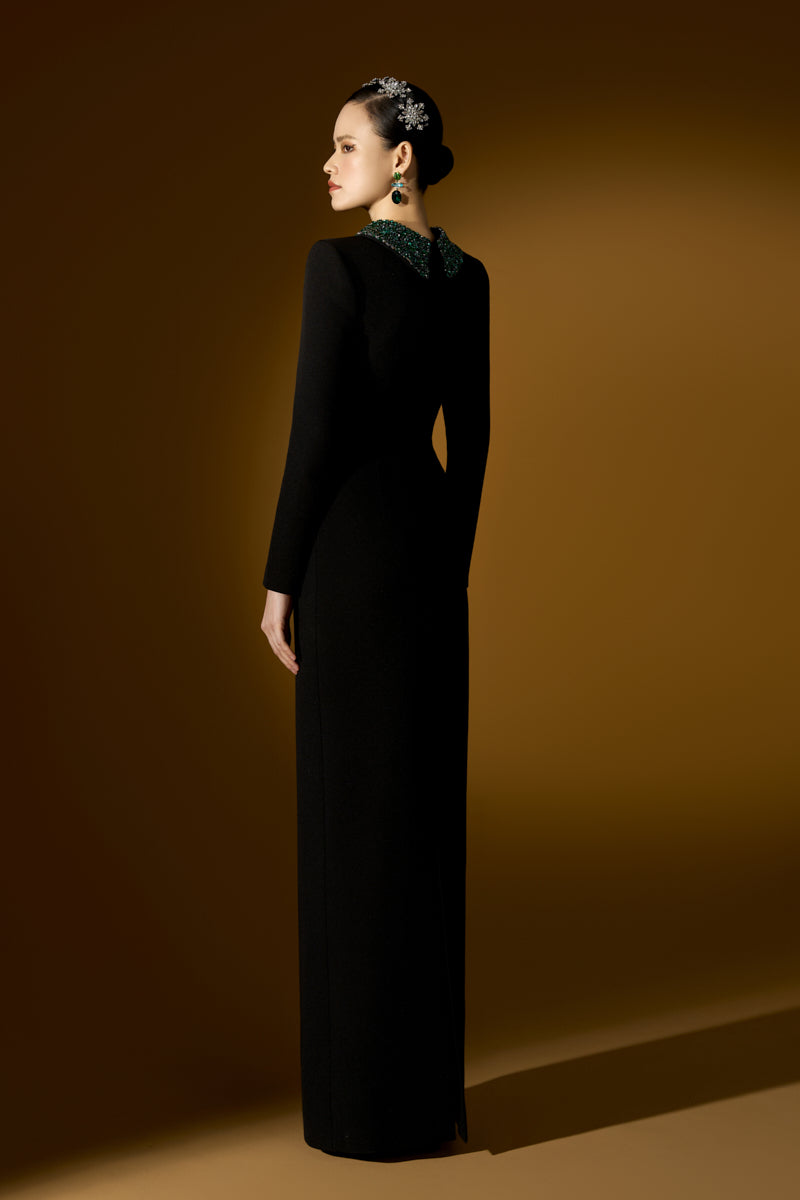 Long Sleeves Column Gown With De-constructed Collar