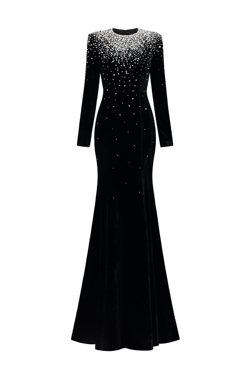 Long Sleeves Mermaid Gown With Round Neck And Emblished Crystals
