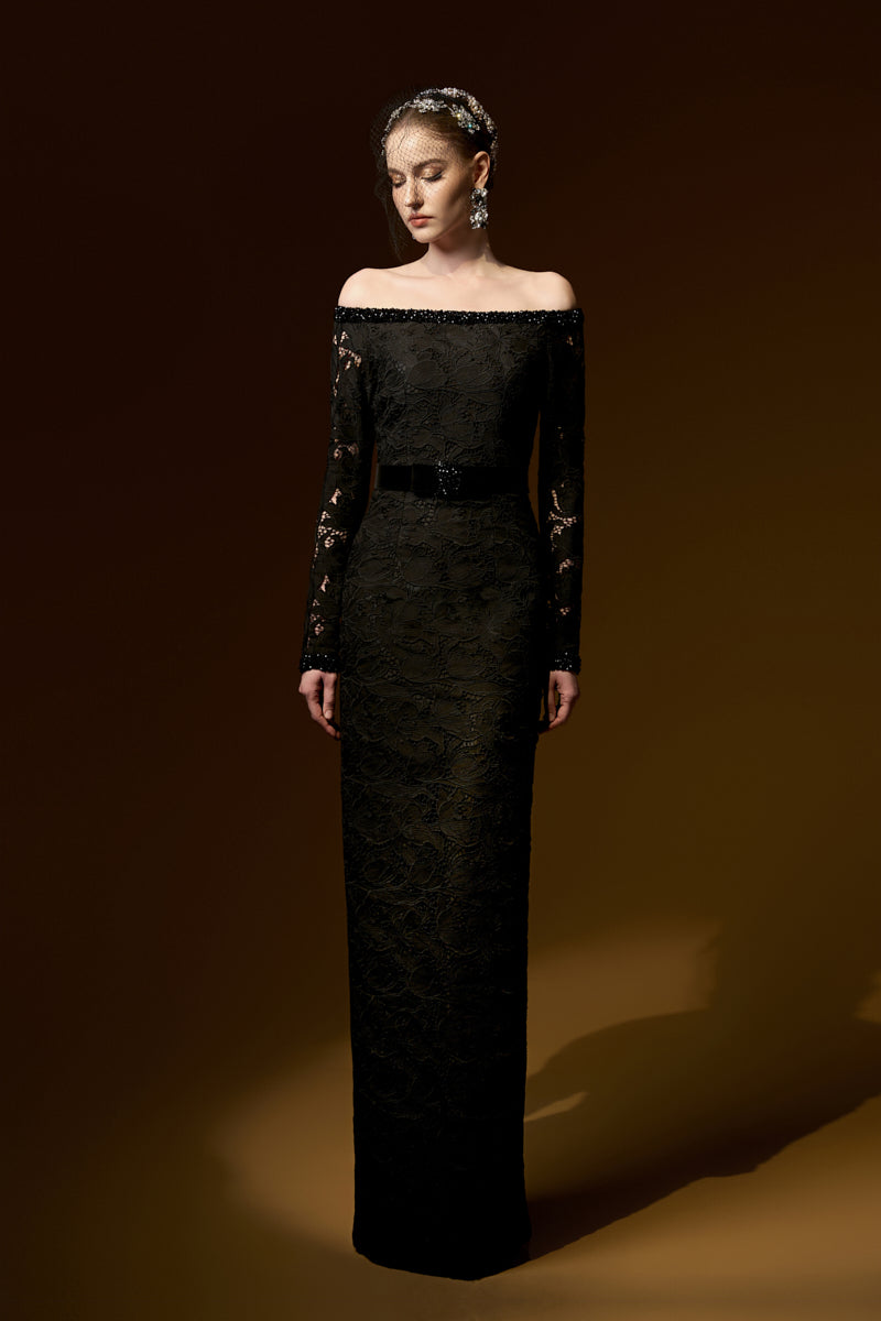 Long Sleeves Off-Shoulder Column Gown